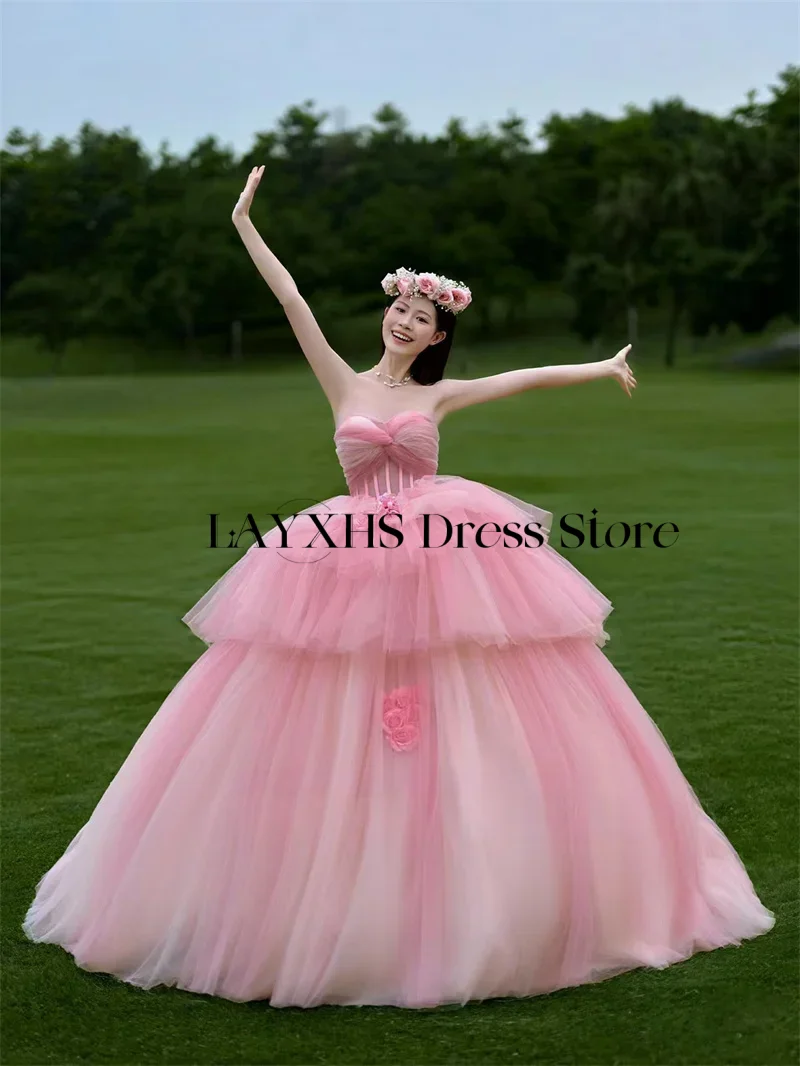 Abiti da sposa dolce rosa principessa abito da ballo una linea senza spalline a strati tulle fiore servizio fotografico abito da sposa coreano 2026 nuovo arrivo