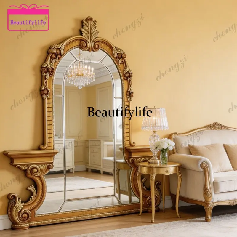 

A17 European luxury carved arched full-length mirror retro gorgeous style floor-to-ceiling full-length mirror living room bedroo