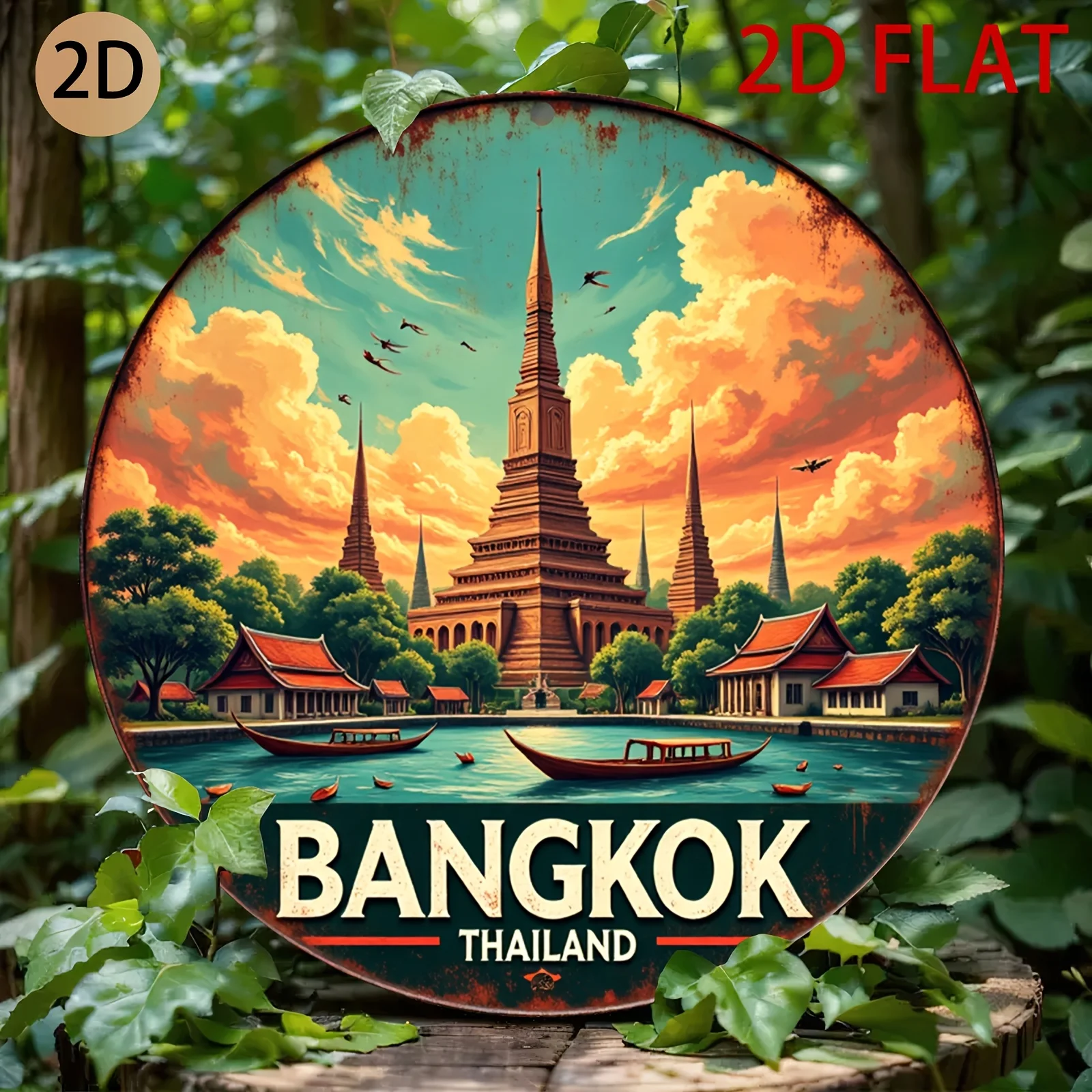 HD Tin Sign, Bangkok Thailand Temple Sunset Round Metal Wall Art, Vintage Travel Souvenir Decor
