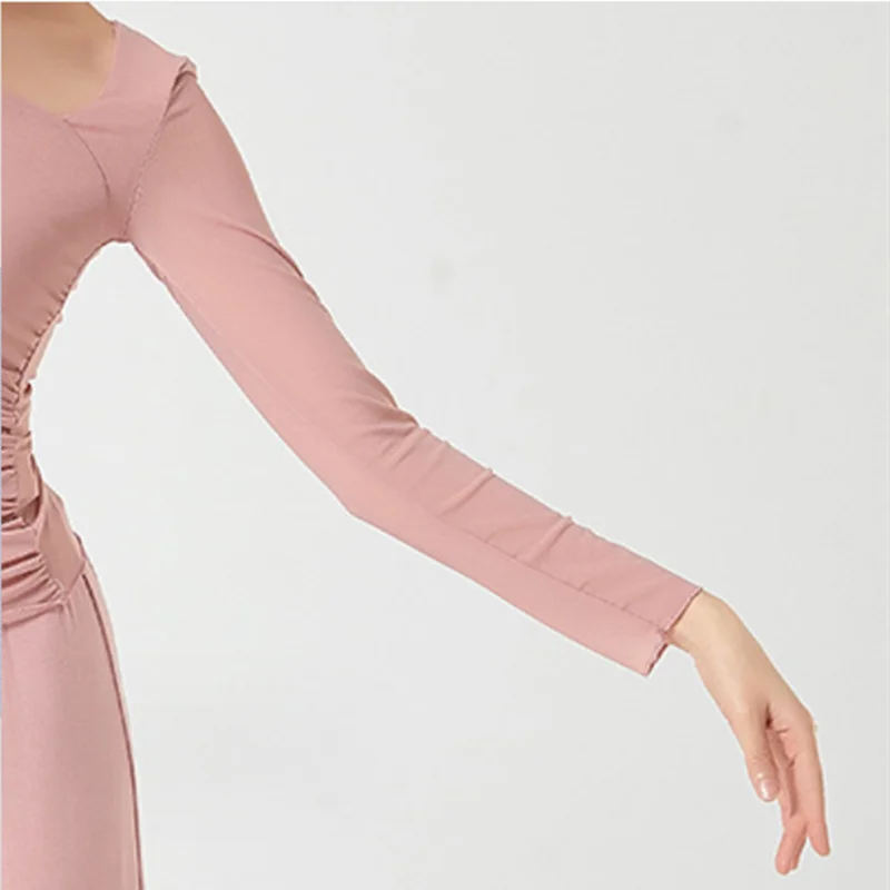 Women Classical Dancewear Tank Neck Long Sleeve Mesh Top Double Side Pleated Design Chinese Modern Style Clothes Stage Costume