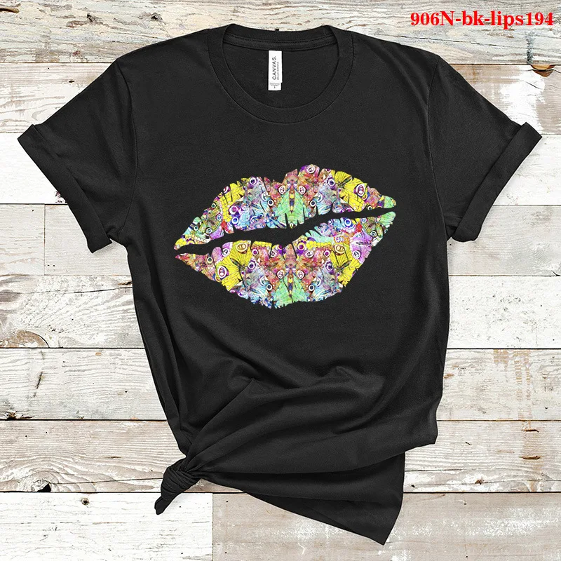Camiseta con estampado de labios de colores para Mujer, blusa holgada de manga corta con cuello redondo, ropa Sexy