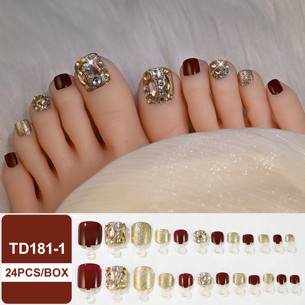 24pcs Glitter Rhinestone Fake Toenails Set With Jelly Glue+File Full Cover Short Square Glitter Press On Removable Acrylic Nails image 2