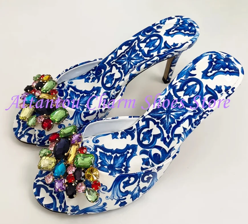 Blue and White Porcelain Color Lady Crystal Sandals Slippers Fashion Thin Heel Rhinstone Woman High Heels Slippers Sexy Pumps