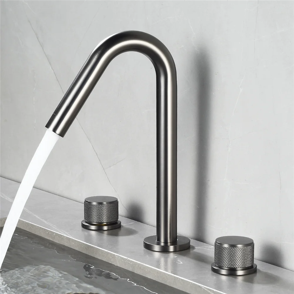 

Матовый золотой смеситель для раковины Широко распространенный смеситель для ванной комнаты Черный смеситель для раковины Латунный смеситель для раковины в ванной комнате 3-луночный серый кран для горячей и холодной воды