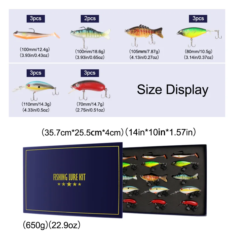 JSFUN 15PCS Fishing Lure Set Full Combo Soft Hard Lures Metal Baits Hooks Fishing Gift box set for Fishing Lover