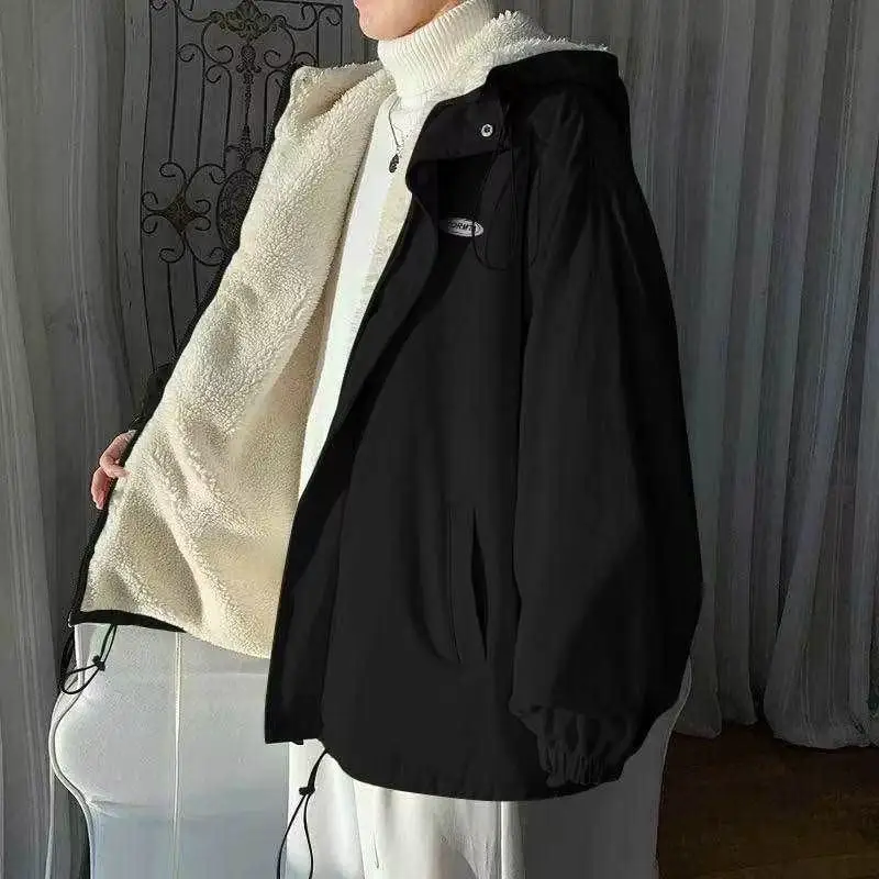 

Lamb Velvet Thiened Winter Jaet Men's Casual Hooded Cotton Coat Trendy Loose Couple Cotton Padded Youth ular Sle