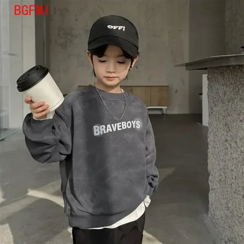 Boy Stylish Versatile Children\'s Sweatshirt 2026 New Long Sleeve Grey Patchwork T-shirt Loose-fit Korean Unisex Autumn Clothing