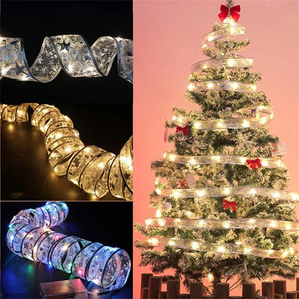 Christmas Tree Accessories Decoration String Lights Battery Operated Christmas Ribbon with Lights for Christmas New Year Indoor