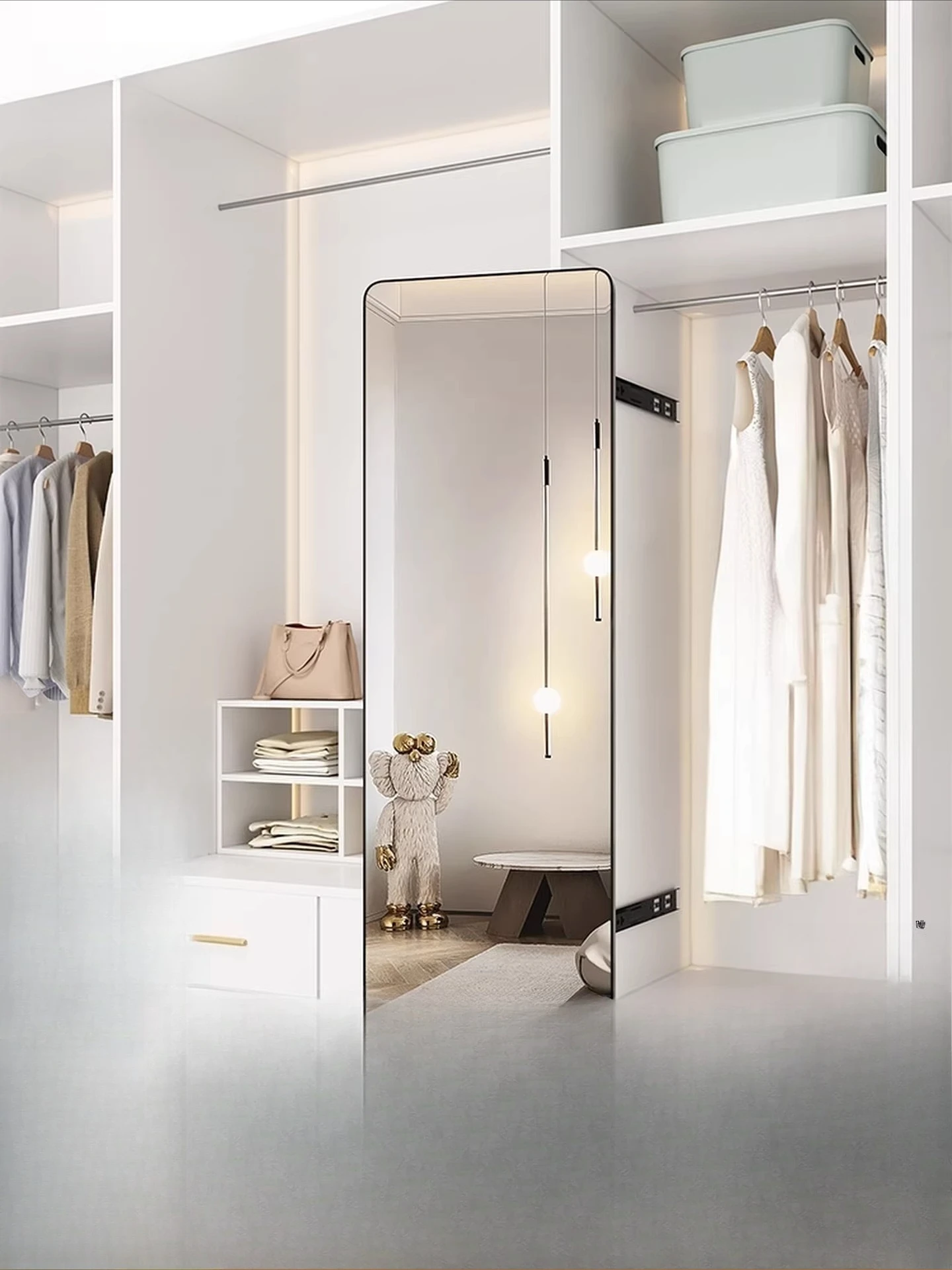 Wardrobe mirror with invisible full-body mirror, push-pull full-length mirror, hidden rotary telescopic slide rail, built-in fit
