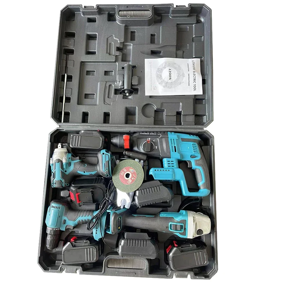 OEM OBM ODM Cheap Electric Cordless Drill Hammer Wrench Angle Grinder 4 in 1 Multi-tools Boxs Brushless Lithium Tool Sets