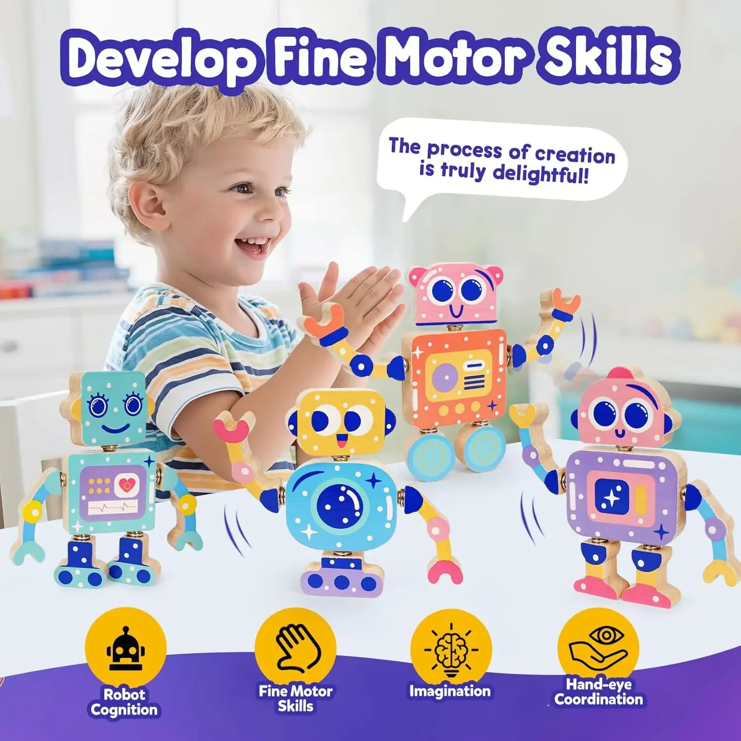 Roboterspielzeug für Kinder 3–5, Montessori-Lernspielzeug aus Holz mit herausnehmbaren Eigenschaften, STEM-Lernspielzeug für Feinmotorik