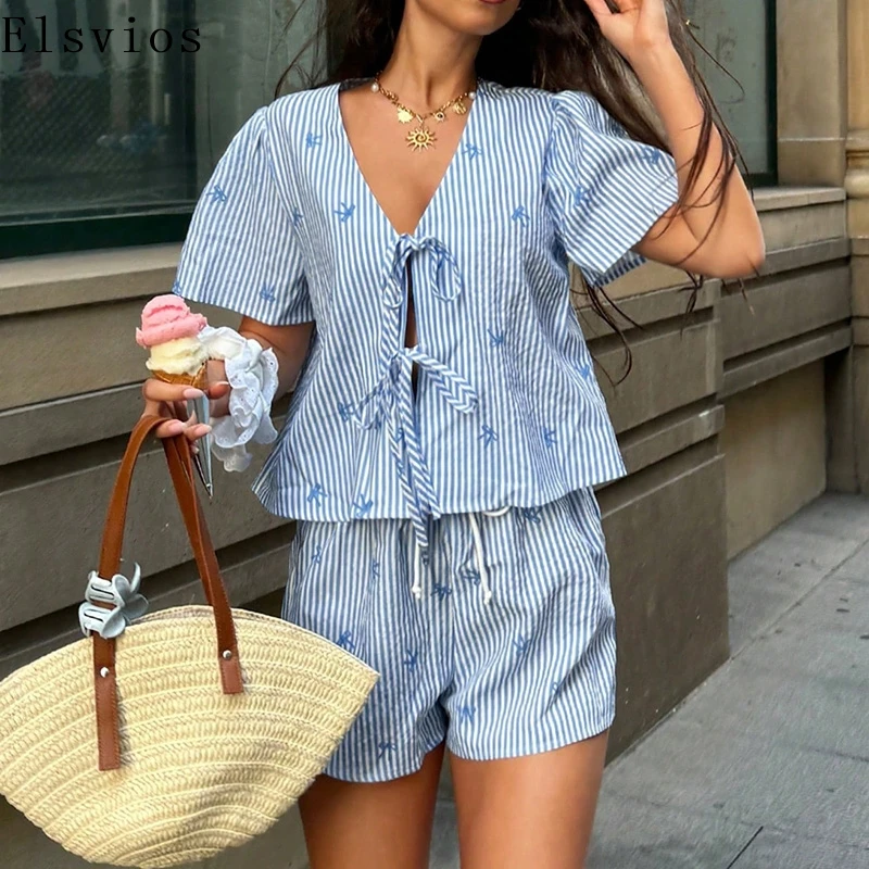 

Elegant Stripe Print Hollow Loose Party Outfits Sexy V-neck Lace Up Top & Shorts Suit Women Casual Short Sleeve 2Pc Holiday Sets