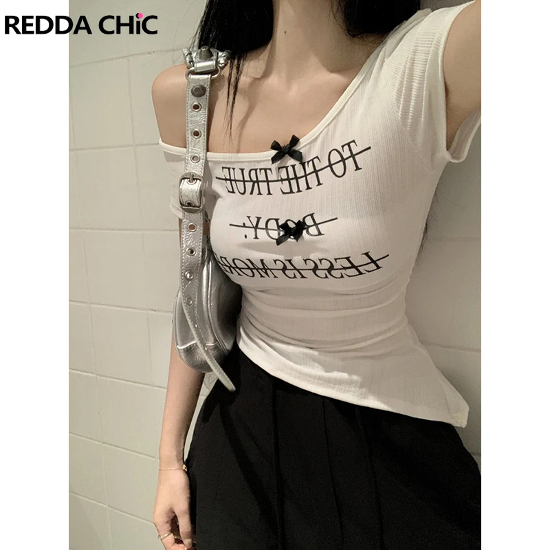 

REDDACHiC Bowknot Ribbed Crop Top Women Drawstring Bandage Slim Fit Ruched Asymmetric Graphic T-shirt Casual Summer Streetwear