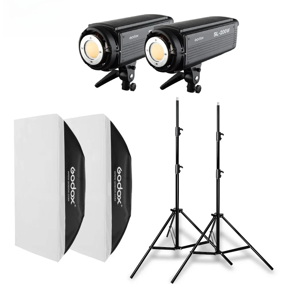 

2x SL-200W 200Ws 5600K Студийный светодиодный непрерывный светильник для фото-видео + 2 подставки для освещения 2,8 м + 2 софтбокса 70x100 см