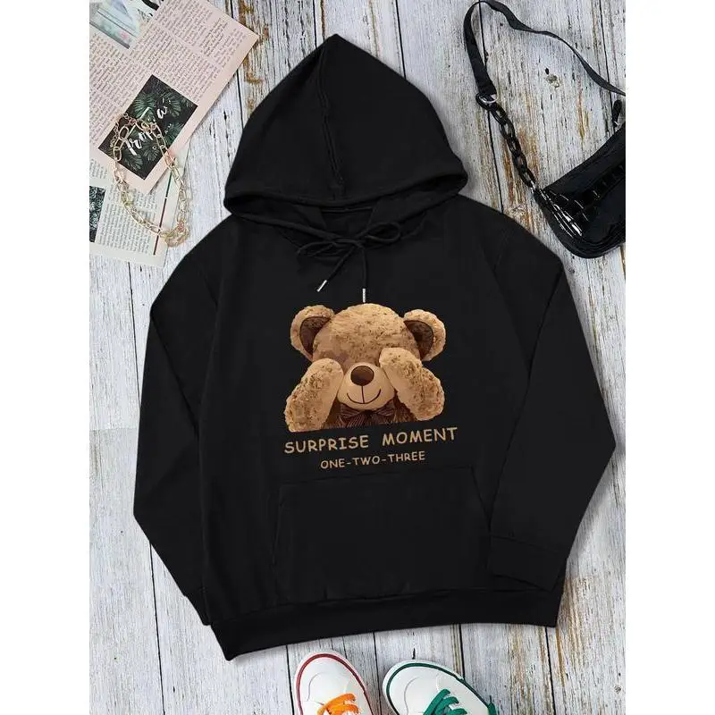 

"Cute Bear Hoodie Women Oversized Casual Sweatshirt Surprise Moment Graphic Tee One-Two-Three Fun Bear Print Gift Top"