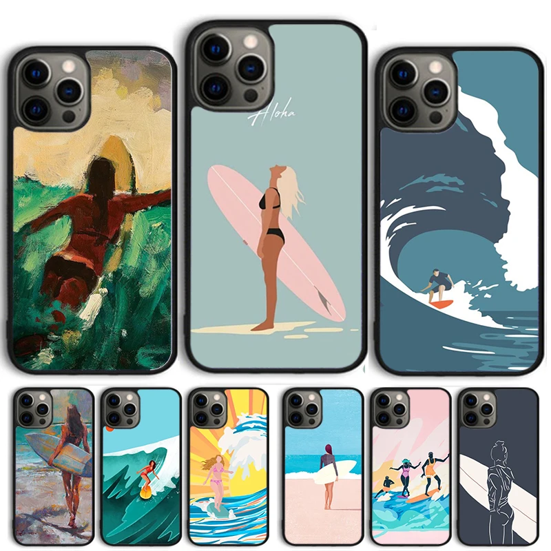 Surfing Art Surf Girl Phone Case Cover For iPhone 12 mini Plus X XS Max XR for iPhone 15 16 11 13 14 Pro Max Fundas