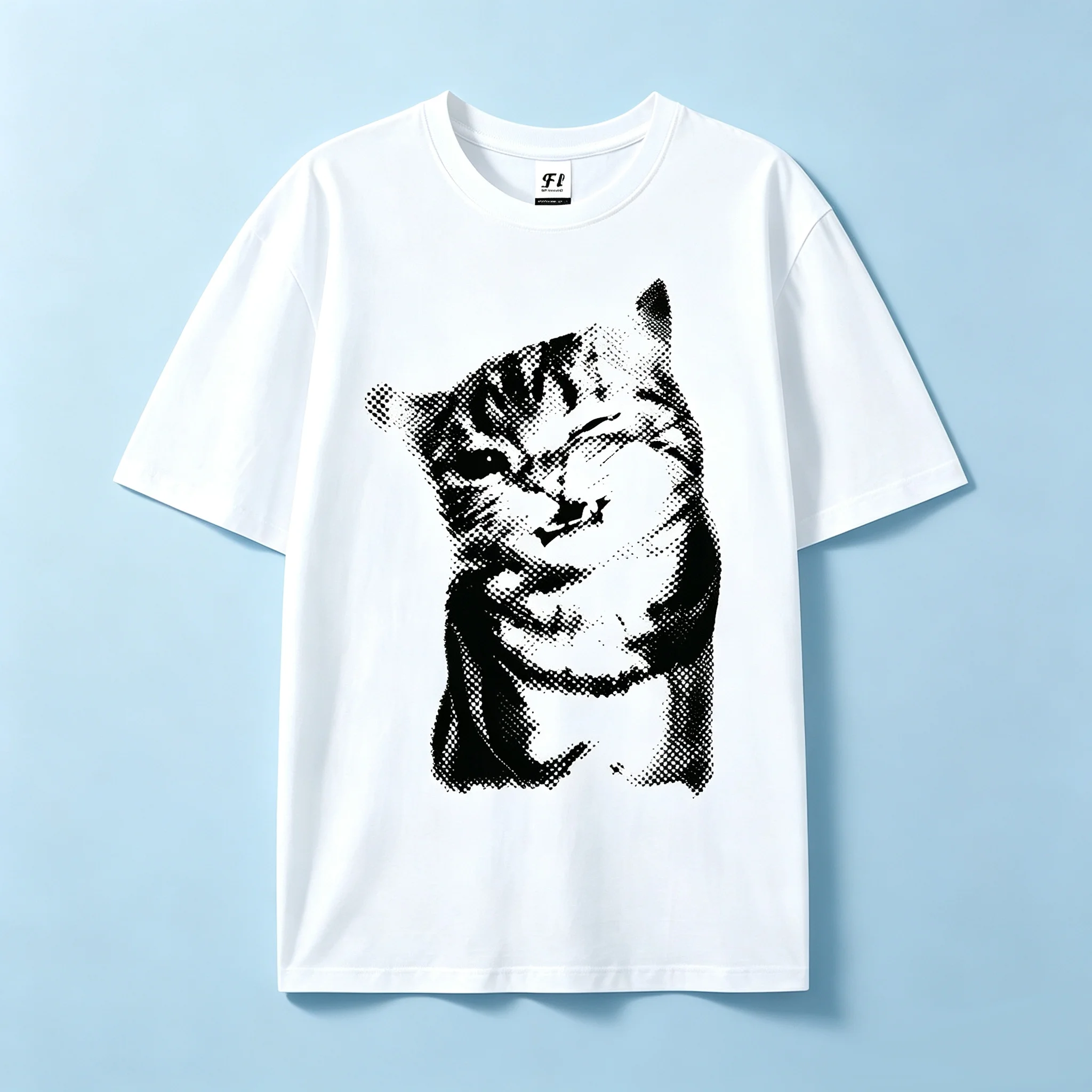 Y2K Halftone Wink Cat Print T‑Shirt Women Men Casual Loose Short Sleeve Top Vintage Animal Graphic Tees Streetwear