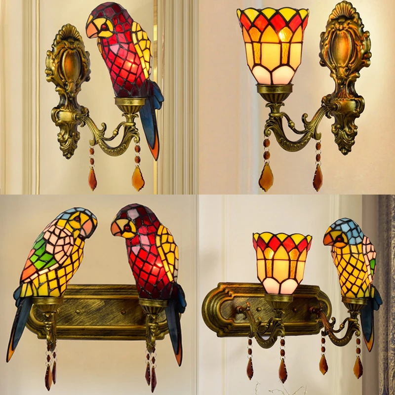 Parrot Wall Lamps Luminaria Home Decor Bathroom Sconces Mirror Lights LED Tiffany Mediterranean Stained Glass Lighting Fixtures