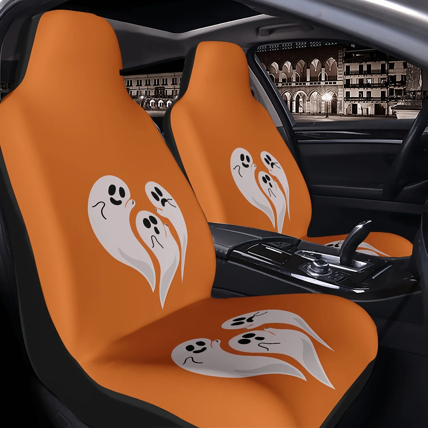 2pcs Printed Car Seat Cover with Three Ghosts Forming a Heart-Shaped Theme Pattern, Easy to Install, Easy to Clean