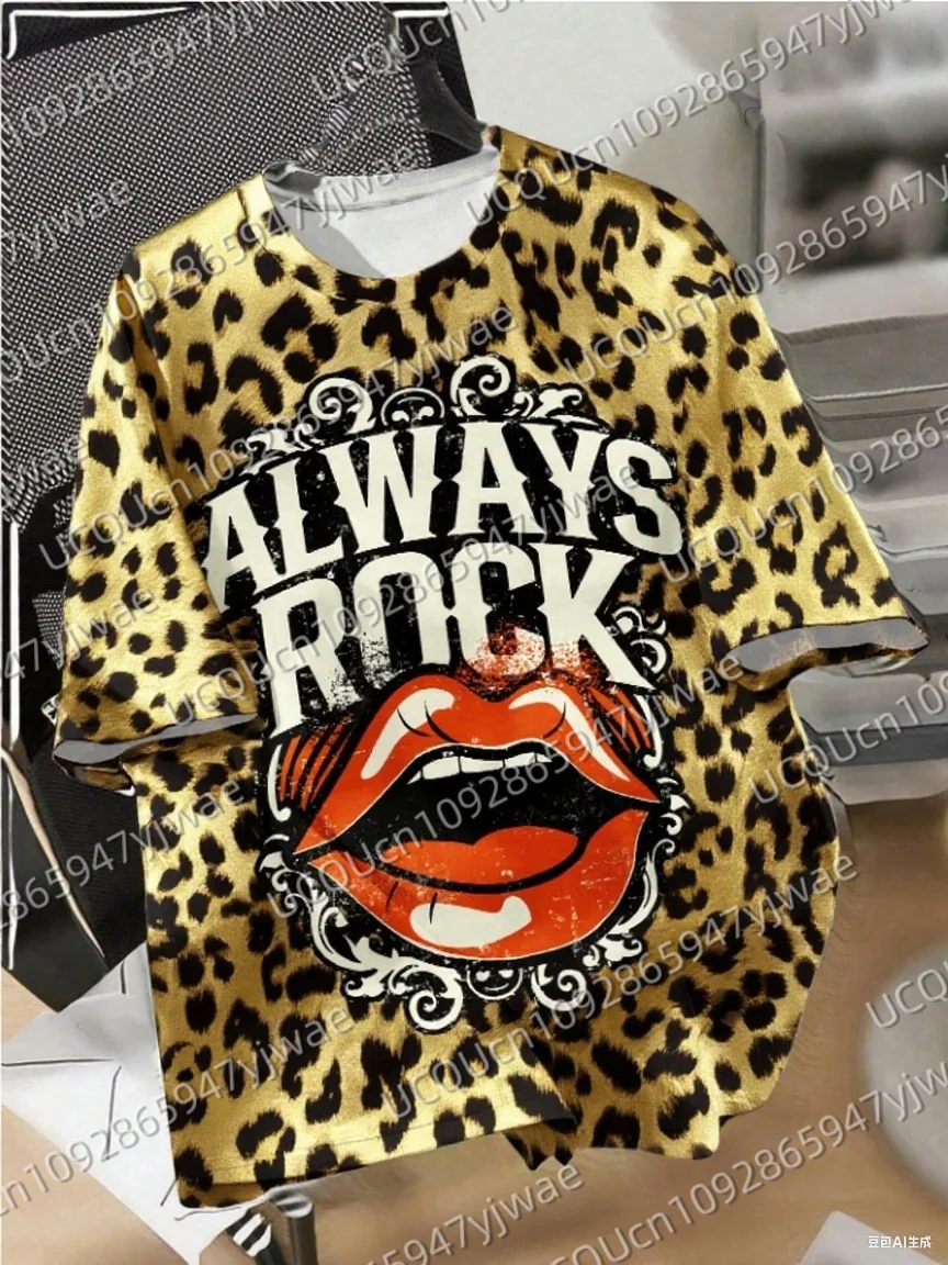 Zomer Modieus Luipaardprint Always Rock Lip Dames Basic T-shirt Korte mouw Heren T-shirt Tops Tee