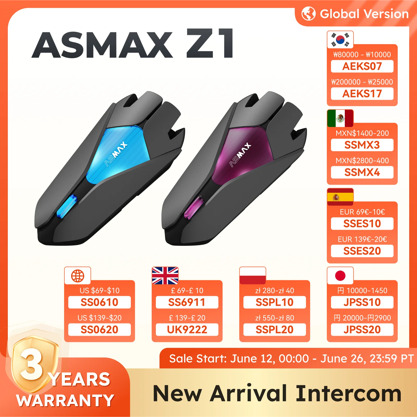 ASMAX Z1 мотогарнитура,Переговорное устройство для мотоциклетного шлема, наушники беспроводные,bluetooth-гарнитура для шлема, 10 всадники, 2000 м, HIFI-динамики, ENC, Русские голосовые подсказки.