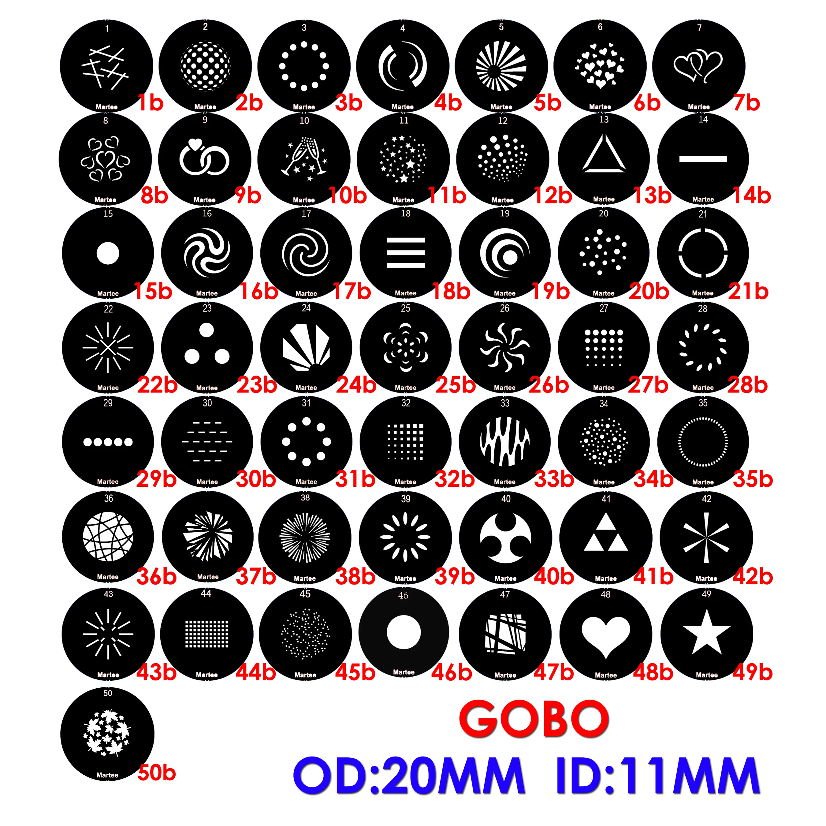 OD 20mm Gobo, Image 11mm &14mm, Classic Moving Head Light Pattern, Wedding Celebration Party, Dancing Machine Singing Beam Light