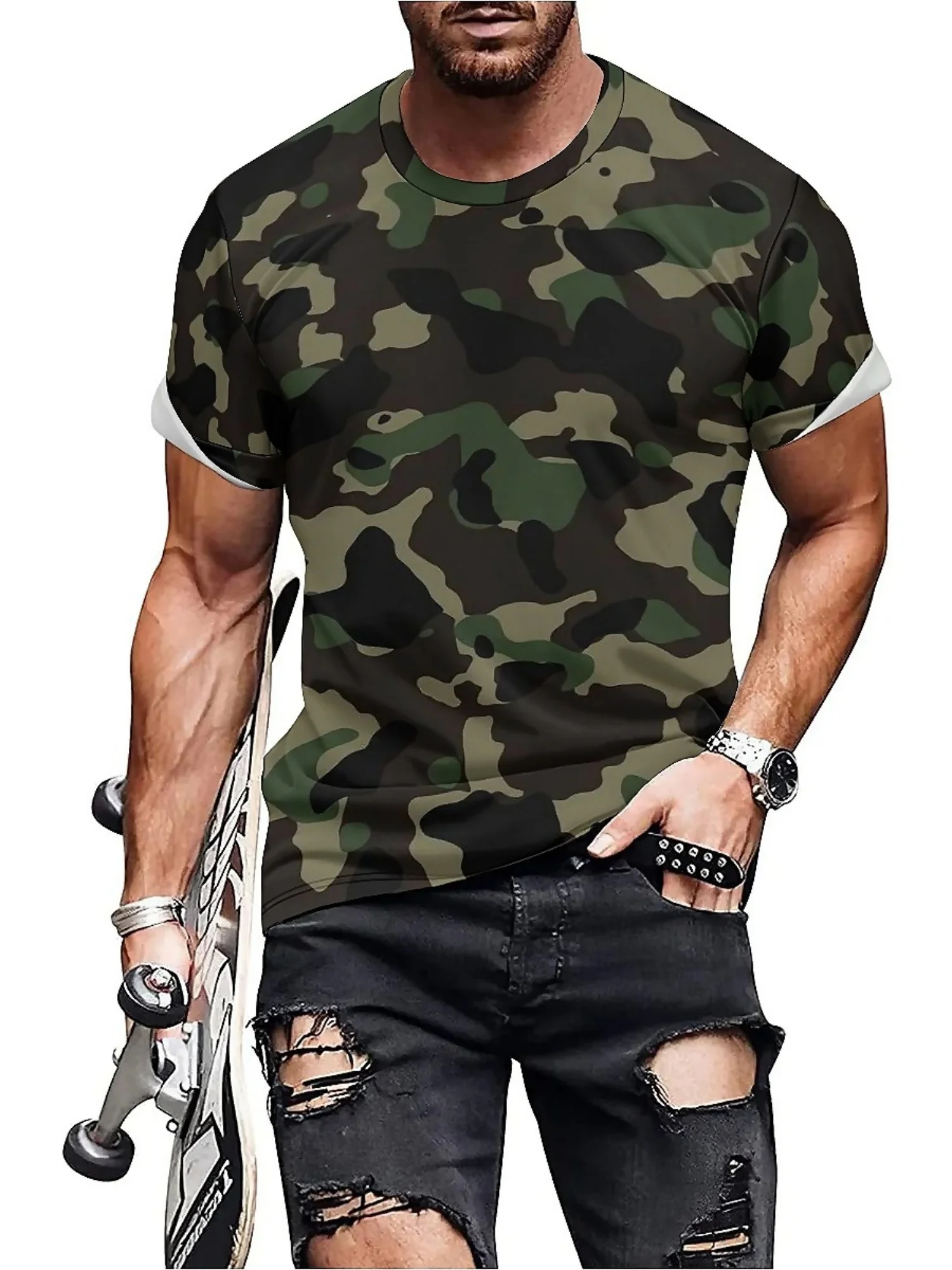 남성용 카모 3D 프린트 반소매 티셔츠 - 통기성, 신축성 있는 원단, 라운드 넥, 흑백 기하학 패턴