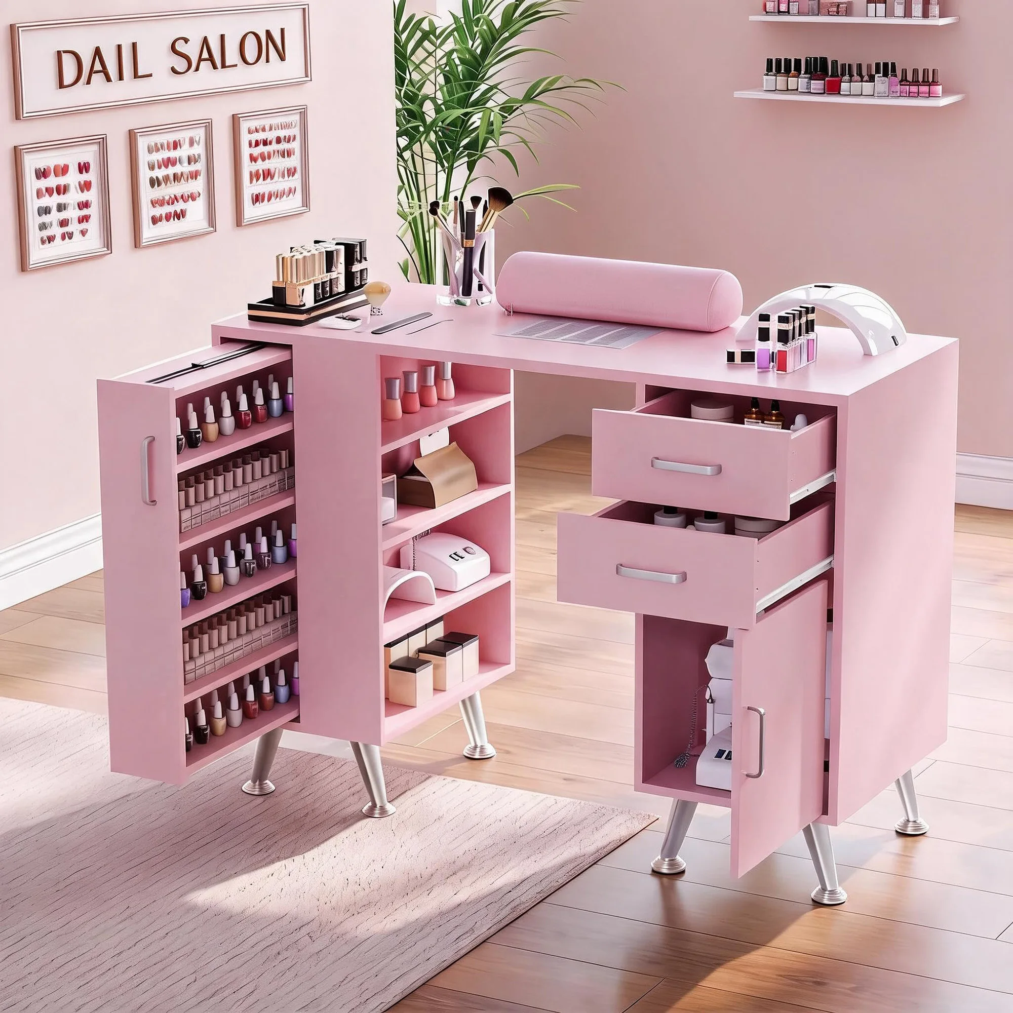 Nail Technician Desk With Dust Collector, Manicure Table With 2 Drawers, Cabinet, Pull Out Shelf & Wrist Rest For Salon Spa Home