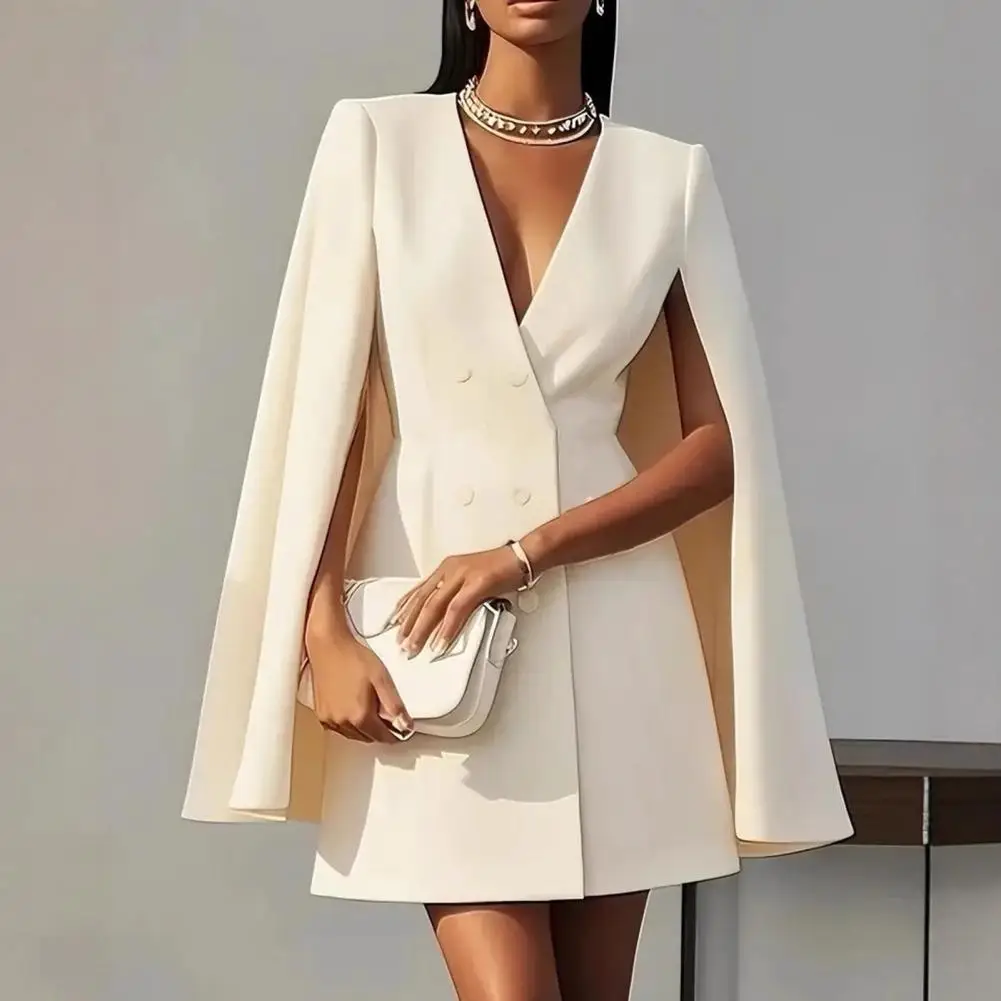 Pendler-Blazerkleid für Damen V-Ausschnitt Cape-Blazer Geschlitzter Ärmel Business-Minikleid Zweireihiges Büro-Maxikleid