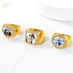 U7 Custom Photo Rings for Man and Woman White Zircon 19mm Width Square Round Heart Shape Memorial Picture Stainles Steel Jewelry