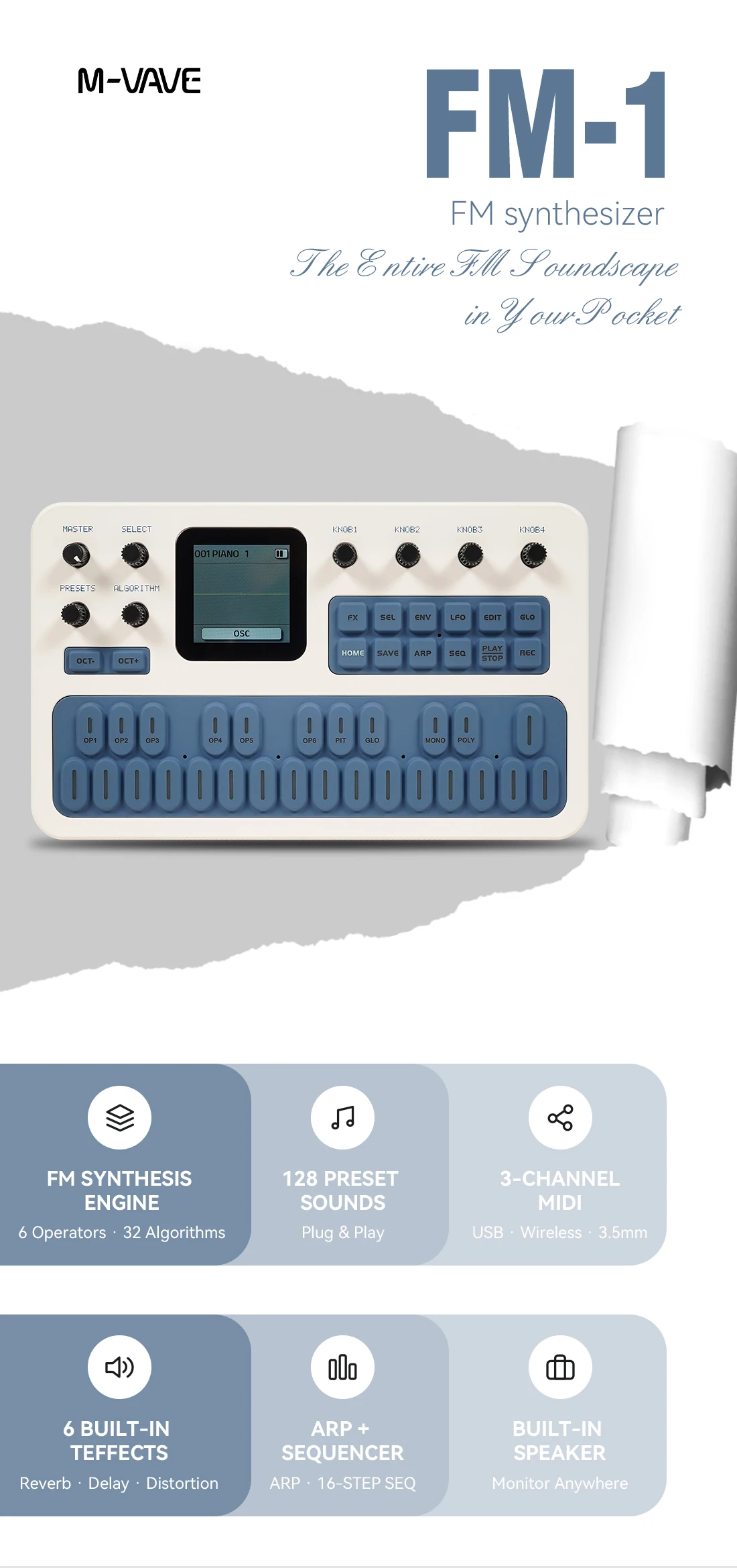 M-VAVE FM-1 (SK15) Blue Portable FM Synth – 6-Operator Engine, 128 Sounds, Arpeggiator, Sequencer, Effects, USB/Bluetooth MIDI