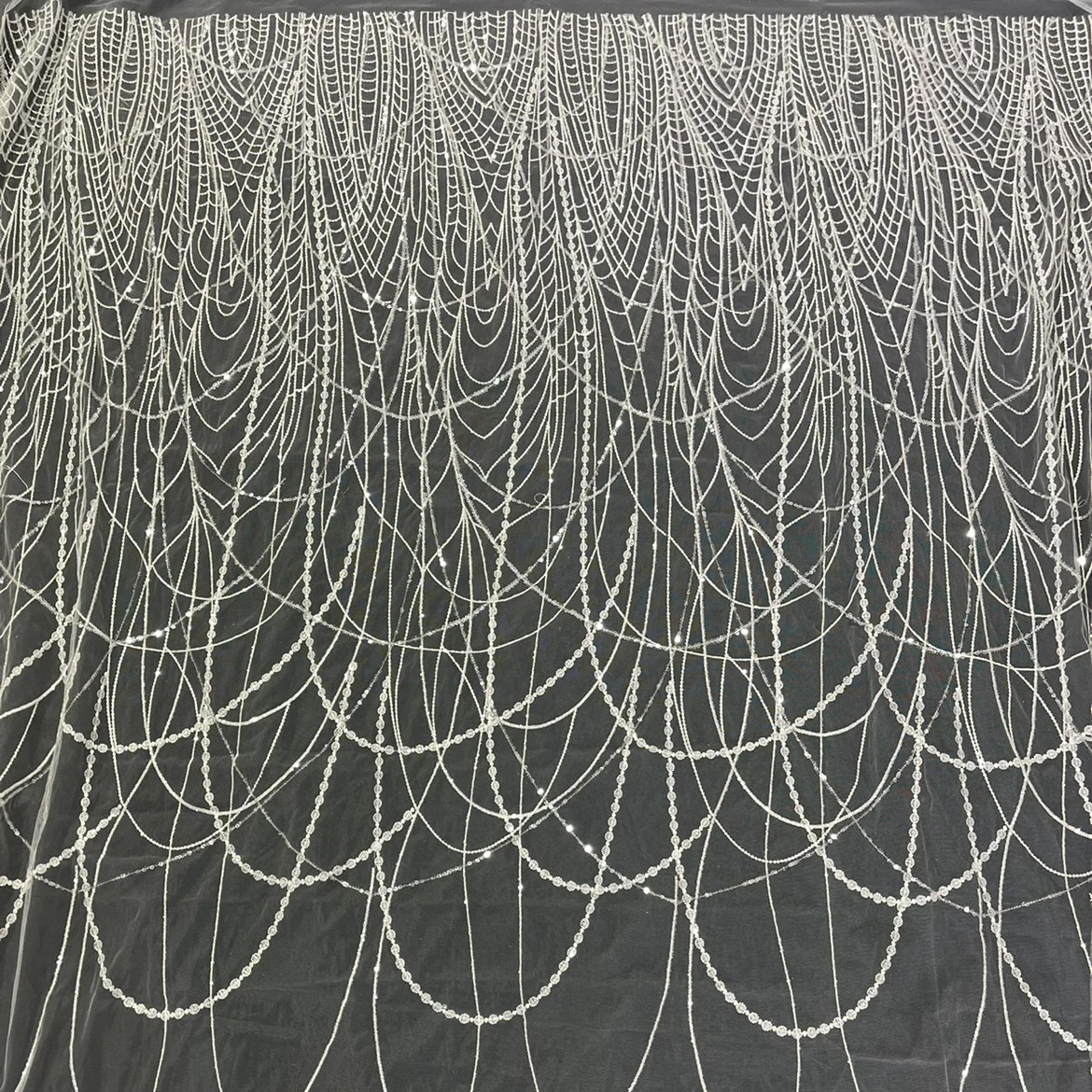 

5 Yards Ivory Sequins Embroidery Tulle Mesh Lace Fabric Wedding Dress Sewing Sequined Lace Shiny