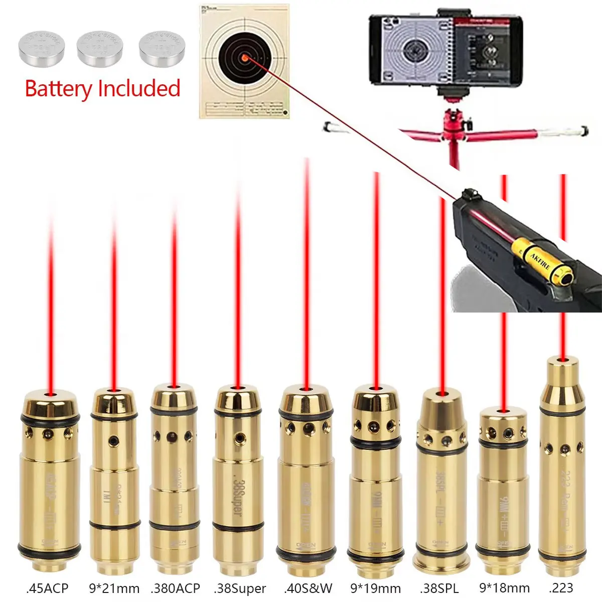 

Tactical 9mm .223Rem .38SPL .380ACP .45 223 Laser Training Bullet Dry Fire Red Dot Laser Bore Sight for Hunting Shooting Glock