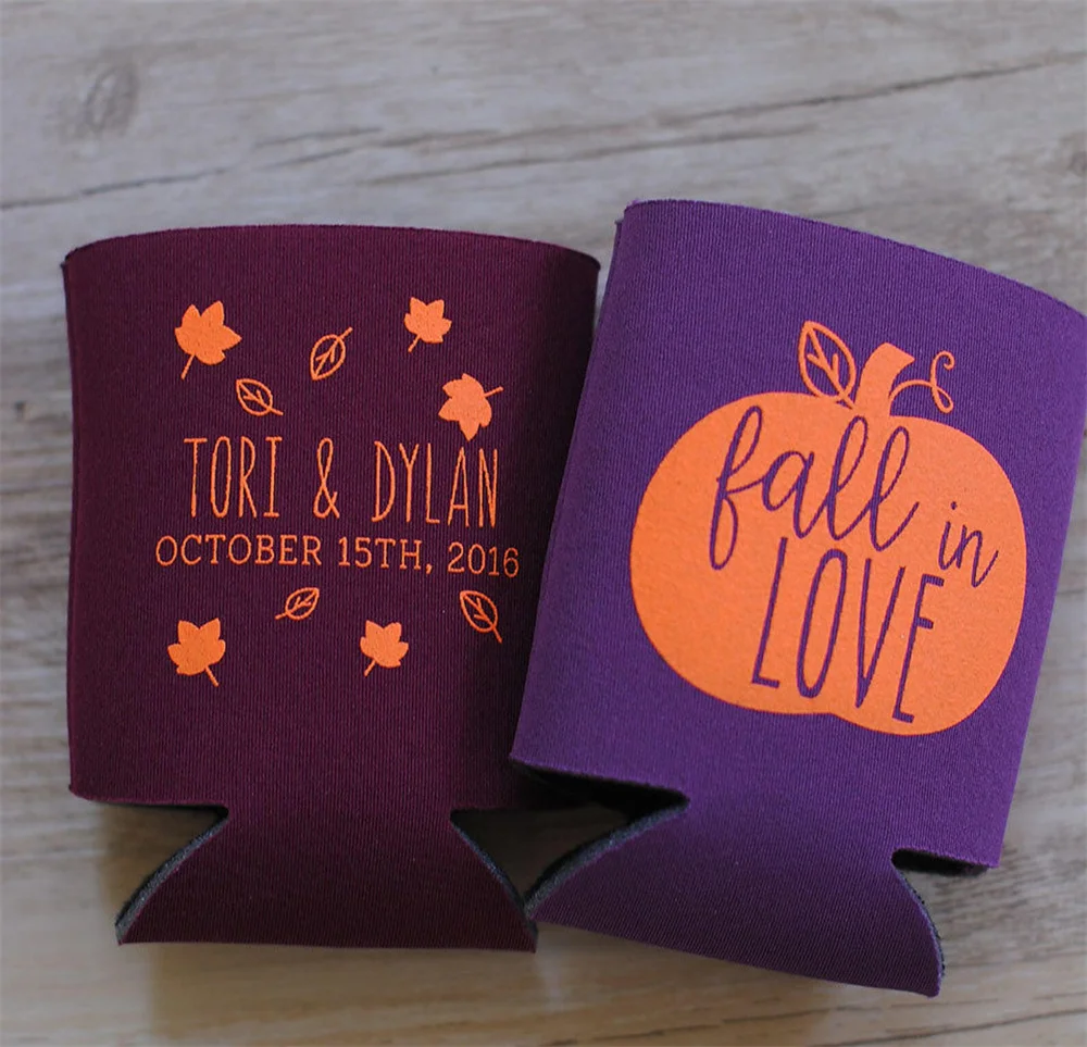 Fall in Love Pumpkin Leaf Personalized Wedding Can Coolers - Wedding Favors for Guests, Destination Mountain Weddings, Welcome