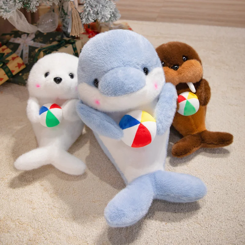 

Playful Sea Creature Plushies Fluffy Seal Dolphin Walrus Stuffed Toys Beach Ball Hugging Pals Whimsical Nautical Room Accents