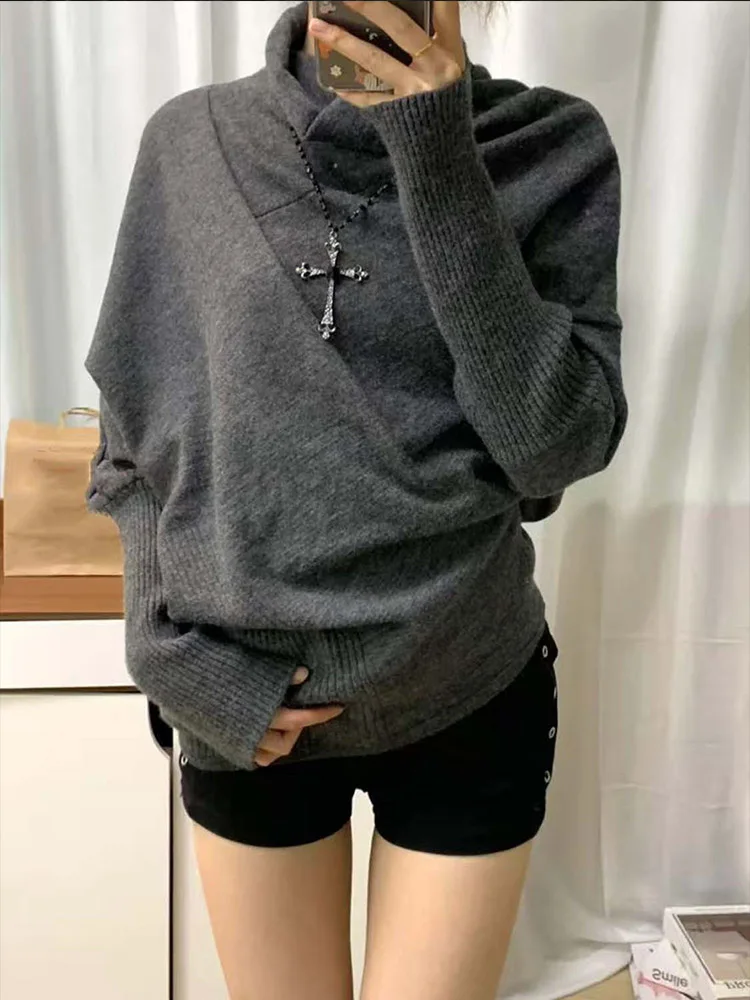Y2k Irregular Batwing Sleeve Patchwork Pullovers Autumn Winter Lazy Knitted Sweaters 2026 New Slim Fit Top for Women