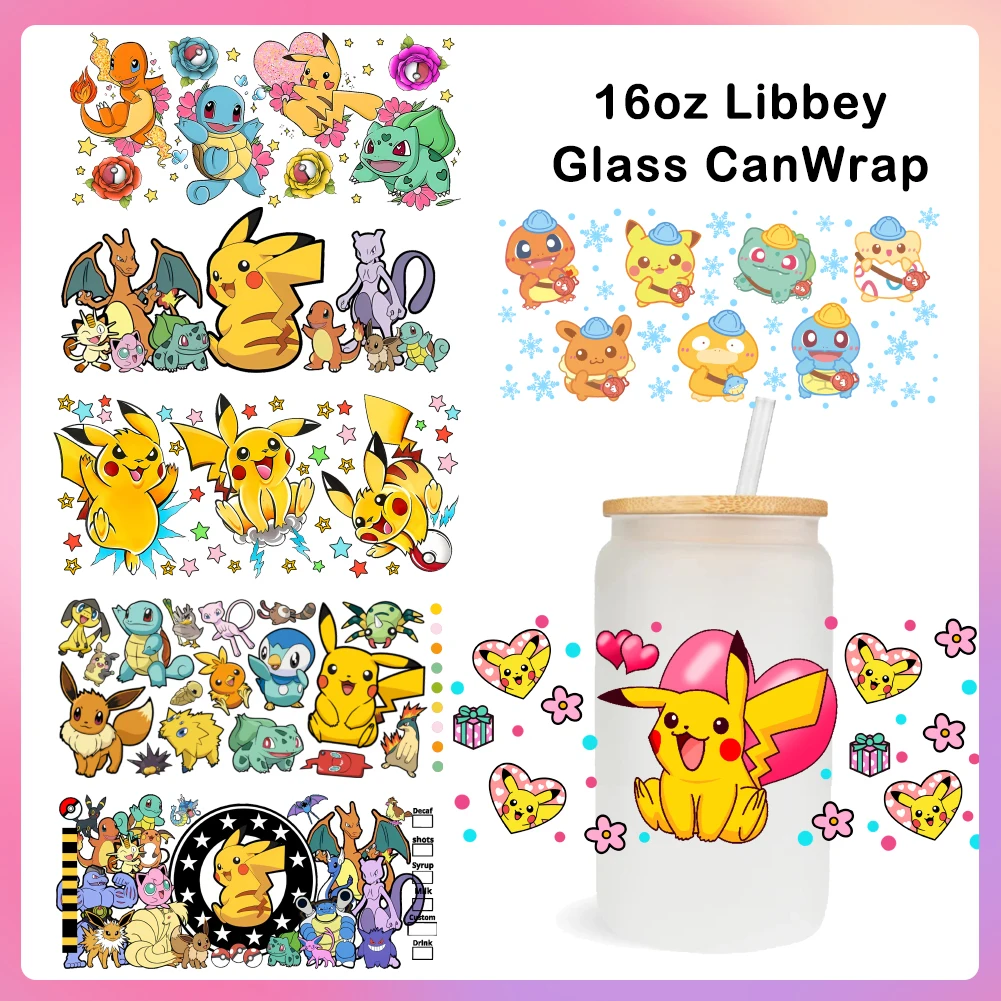 Cartoon Pokemon Pikachu UV Dtf Transfer Glass Sticker Waterproof Transfers Decals For 16oz Glass Cup Wrap Stickers