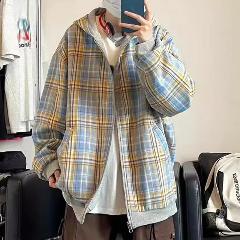 

Двусторонняя клетчатая толстовка с капюшоном для мужчин, весенне-осенняя, оверсайз, в американском ретро-стиле, с длинной молнией, молодежная модная модель