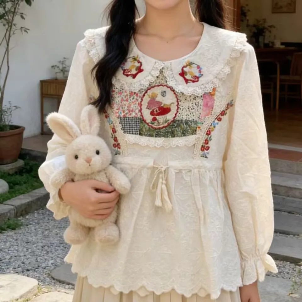 

Age-reducing Shirt Top Women's Mori Girl Style Pullover Cotton Doll Collar Embroidered Long-sleeve Blouse Loose Versatile