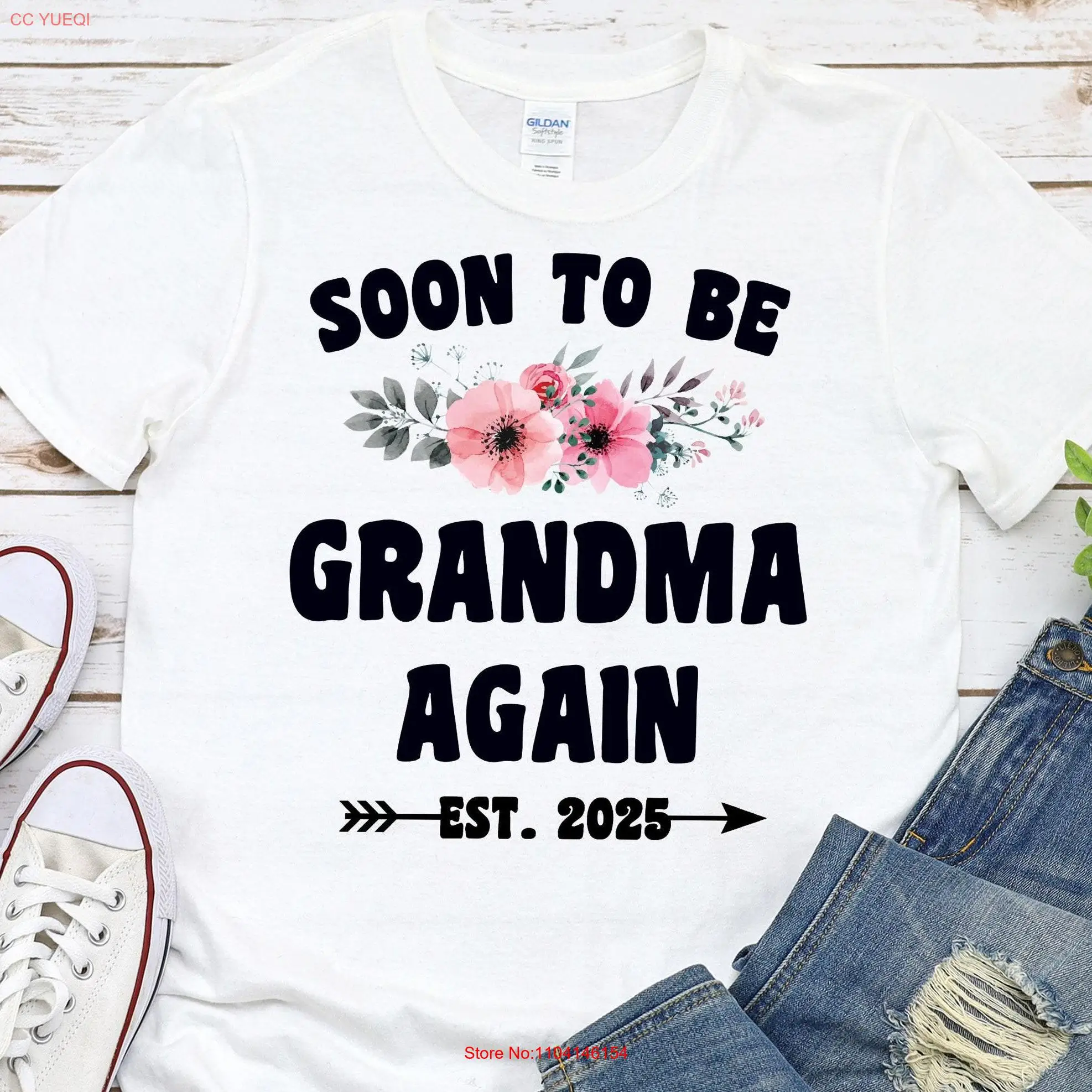 

Grandma Again T Shirt Flowers Est 2025 for New Grandmother Pregnancy Announcement long or short sleeves