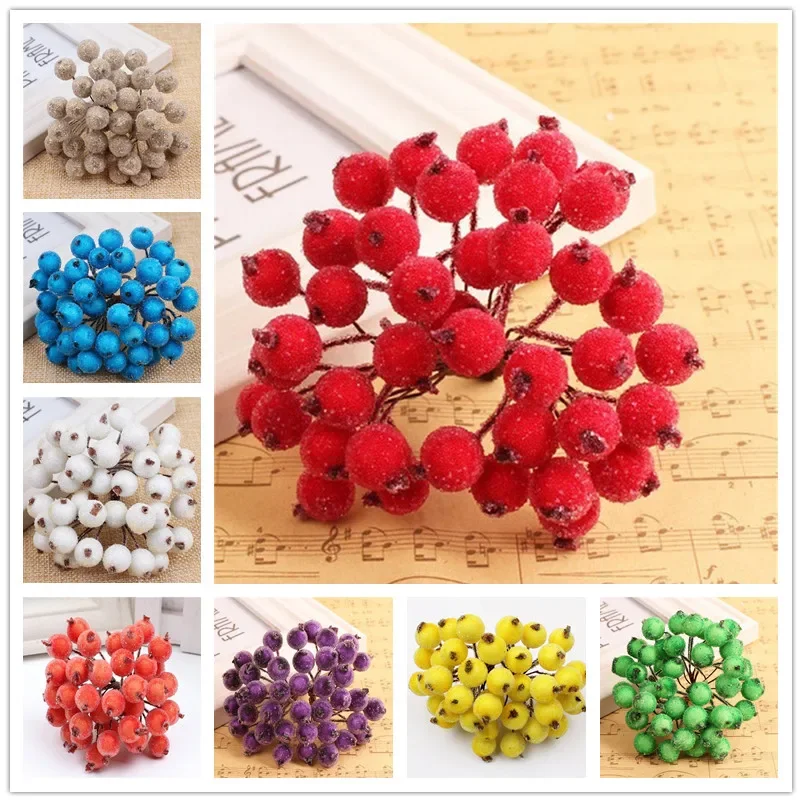 40 Heads Mini Plastic Fake Fruit Small Berries Artificial Flower Cherry Bouquet Stamen Wedding Home Christmas Decorative