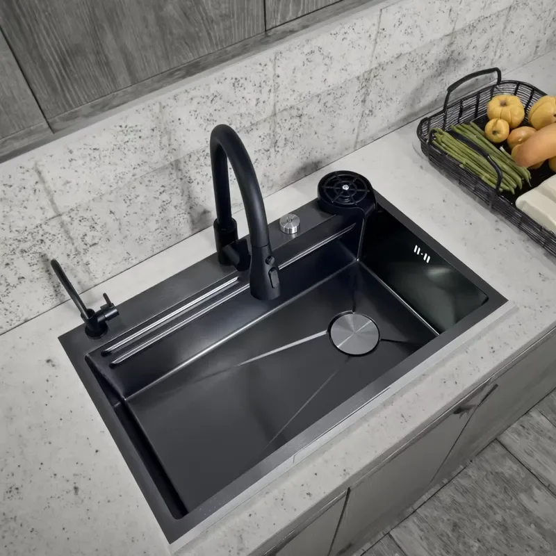 Modern Handcrafted Rectangular Single Bowl Stainless Steel Kitchen Sink with Four Hole Mounting