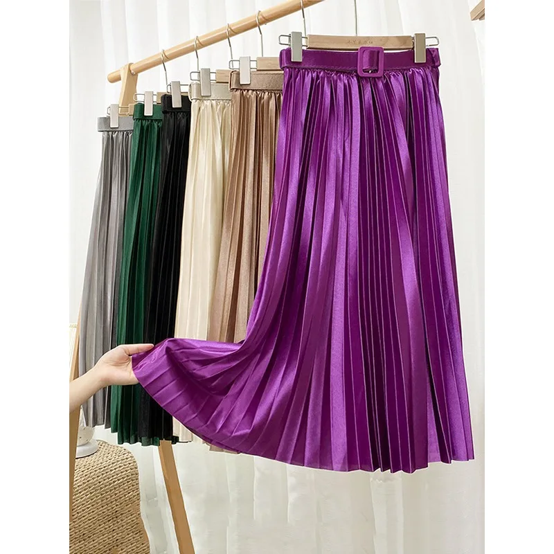 Tinaa Elegant Satin Pleated Skirt Female 2026 Stylish A-line Solid Color High Waist Officewear Elegant Skirt with Belt 120694