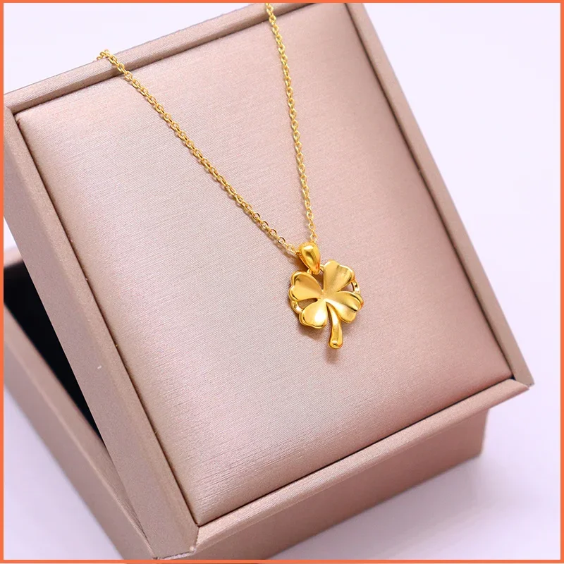 New  Plated Real 999 Gold 18k Necklace Women's Four Leaf Pendant Luxury Lucky Grass Color Chain Does Not Fade for Women's Gi