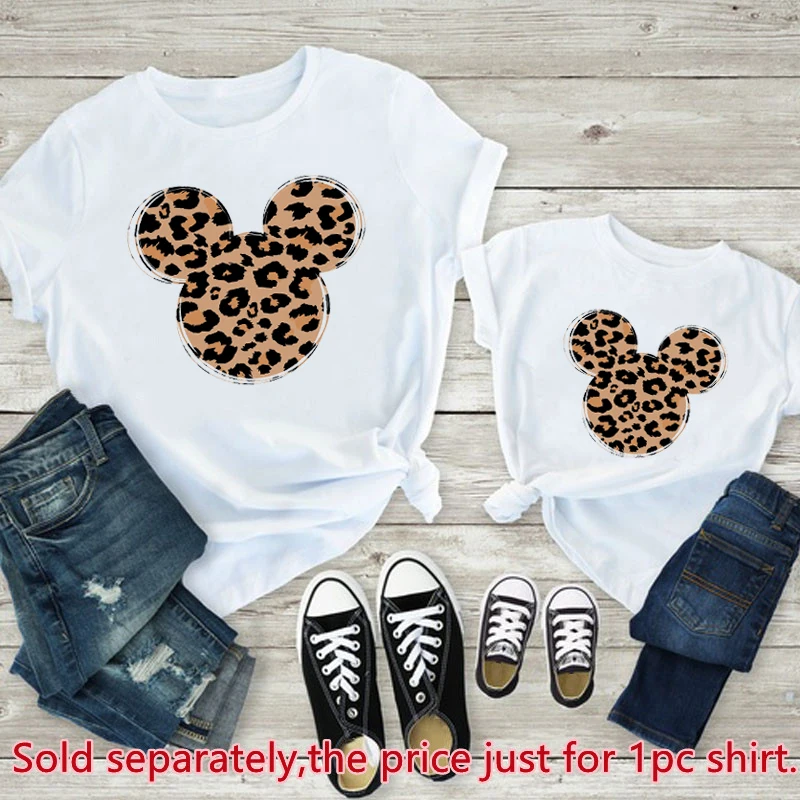 New Leopard Minnie Mouse Print Kawai Mother Kids Family Matching Outfits Disney Tops White Short Sleeve Mom and Daughter Clothes