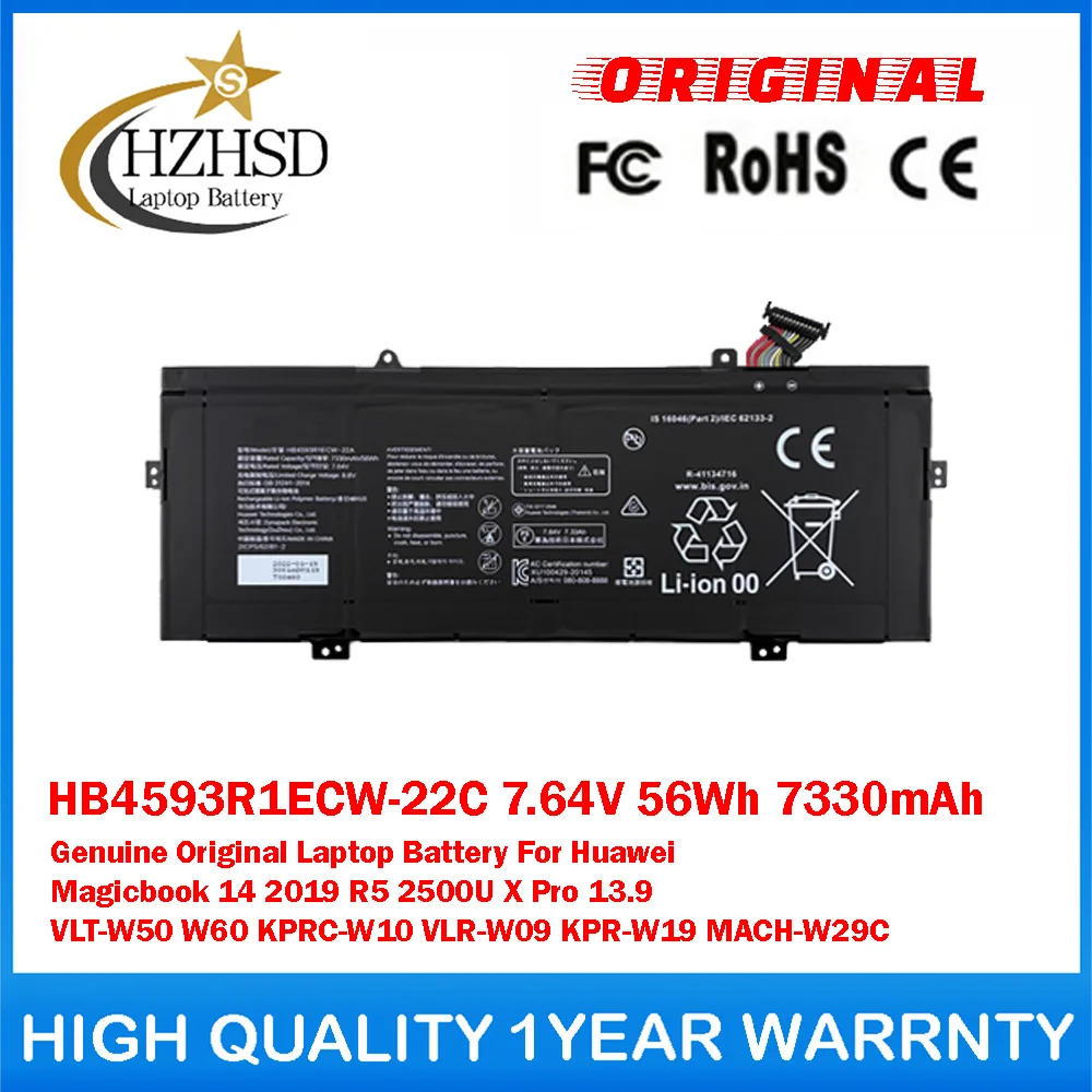 

Оригинальная батарея для ноутбука HB4593R1ECW-22C 7.64V 56Wh 7330mAh для Huawei Magicbook 14 2019 R5 2500U X Pro 13.9 VLT-W50 W60
