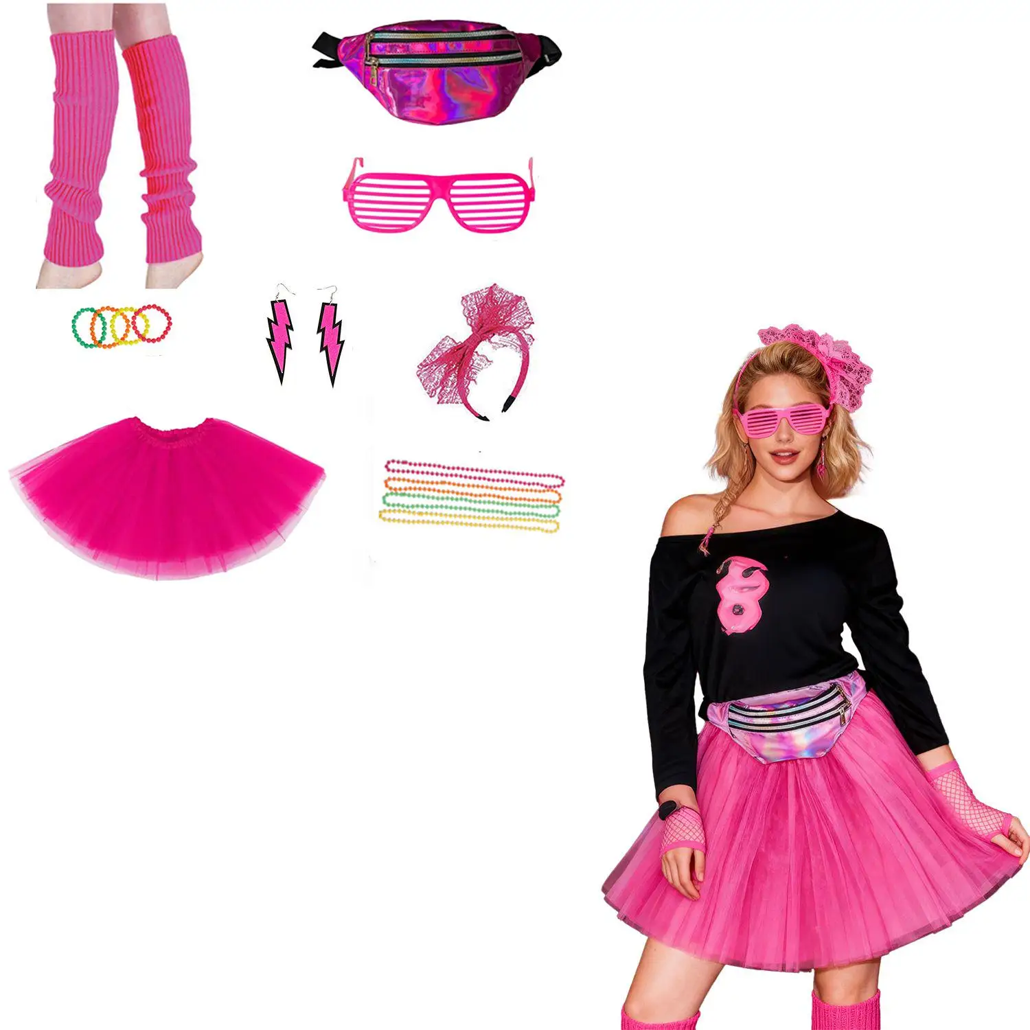80年代ネオンワークアウトコスチュームアクセサリーセット10点入り レッグウォーマー（女性用）80年代ヘッドバンド、リストバンド、ファニーパック（ヨガ、ランニング用）