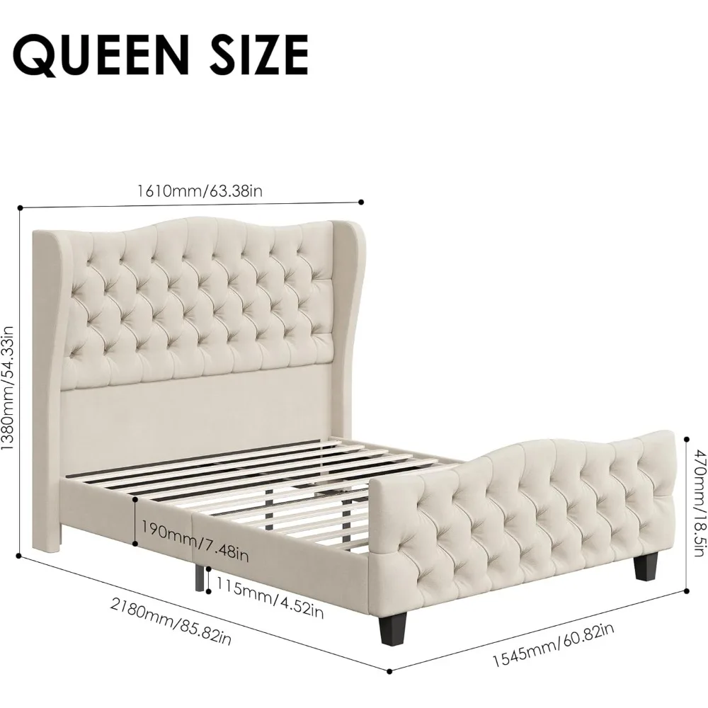 Platform Bed Frame with Deep Button Tufted Wingback Headboard and Footboard, Velvet Upholstered Bed Frame with Handmade Pleats