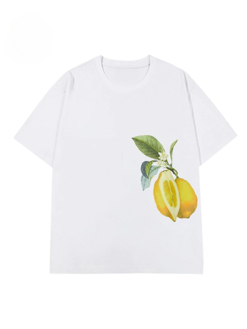 2025 صيف جديد الليمون نمط تي شيرت مطبوع القطن المألوف عادية قصيرة الأكمام الرجال والنساء