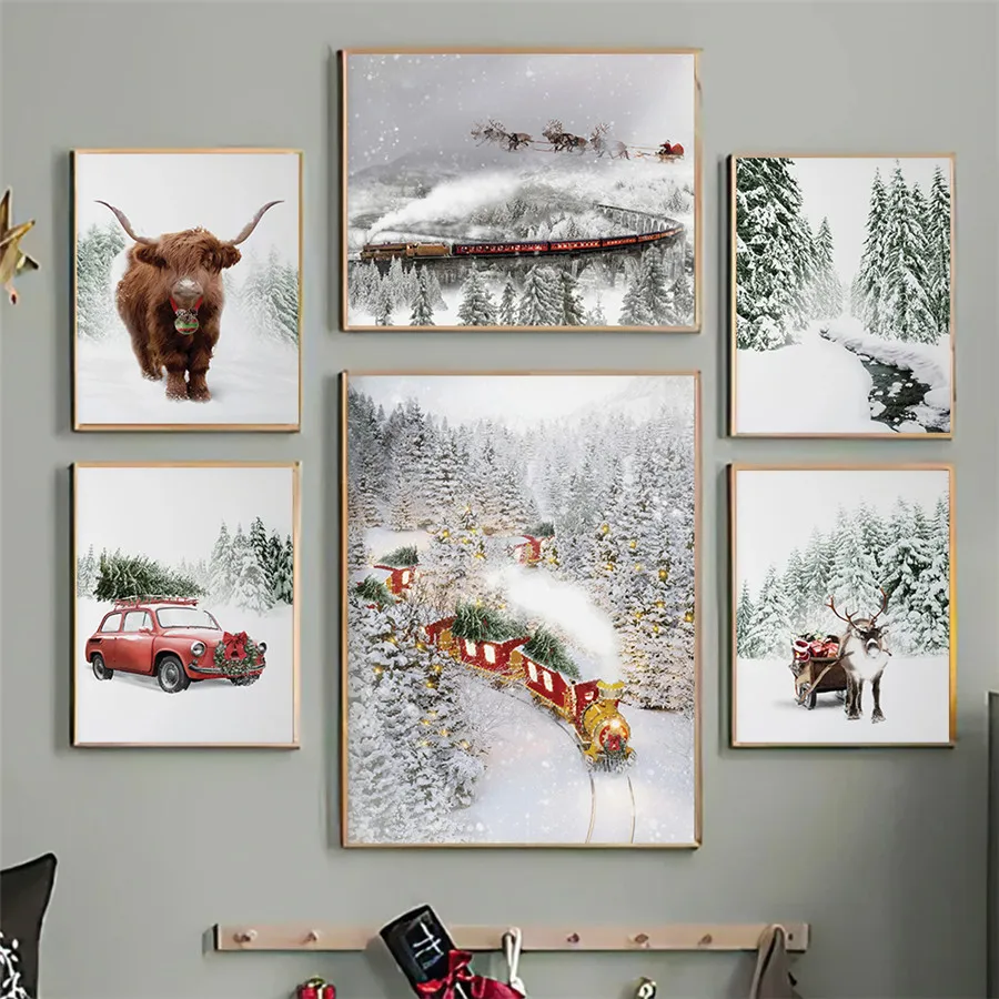 Winter Snow Train Moose Landscape Picture Canvas Painting Wall Art Christmas Tree Poster Nordic Scenery Print for Home Decor